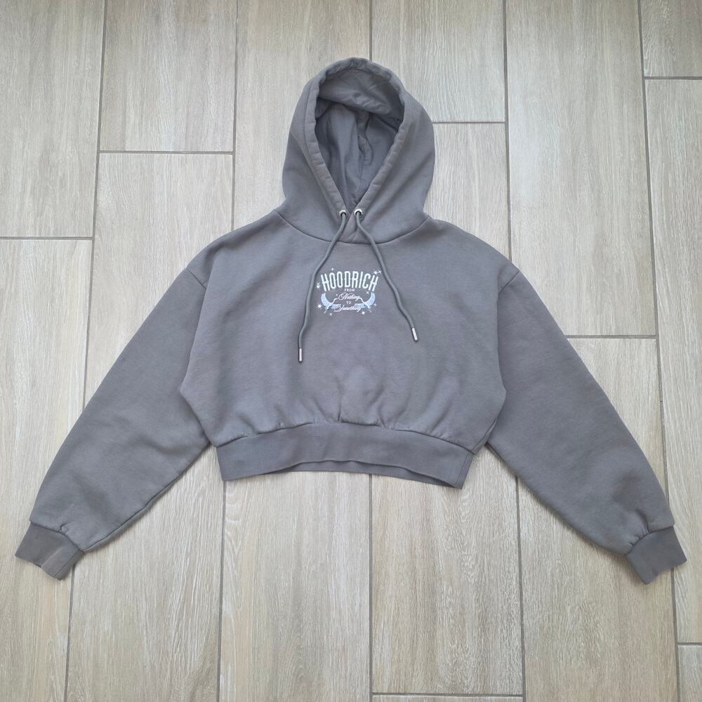 Hoodrich Cropped Hoodie Womens L Gray Crane Graphic Streetwear Y2K Pullover